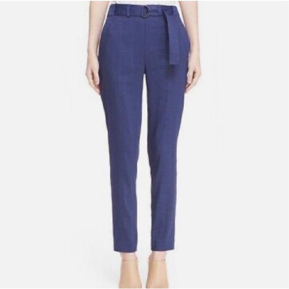 Vince Women's Blue Elastic Waist Belted Linen Blend Trousers Slim Pants Size 2
